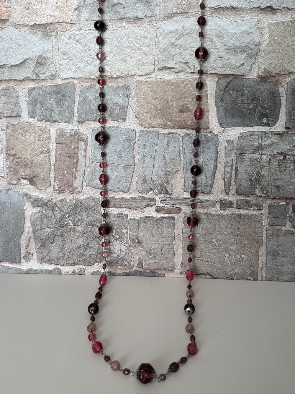 Long Beaded Necklace in Deep Wine and Rose